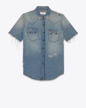 サンローランのウィメンズ&メンズ新作ウエスタンデニムシャツ、ダメージ加工・断ち切りの半袖シャツなど