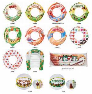 人気菓子がマリングッズに！アポロ＆マーブルの浮き輪、チョコモナカジャンボのサーファーマット