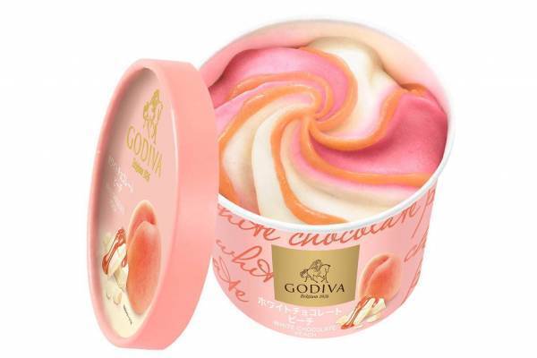 ゴディバの新カップアイス「ホワイトチョコレート ピーチ」ピーチソース入りのツートンカラーアイス