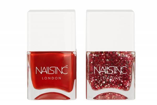 ネイルズ インク“濃密レッド”のデュオネイル、パール入りルビーレッド＆グリッターカラー