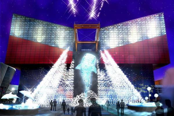 大阪「海遊館」の冬イルミネーション、約20メートルのジンベエザメ巨大オブジェ＆光の演出