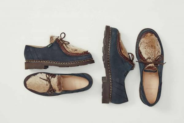 パラブーツ×フィルメランジェのシューズ、ヌバックレザー×ファーのチロリアンシューズ