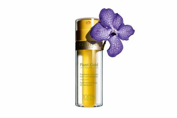 クラランス新“2層式乳液”「プラントゴールド オイルーエマルジョン」ブルーオーキッドとパチョリの香り