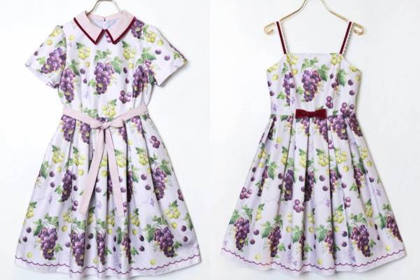 エミリーテンプルキュート初“ぶどう柄”ワンピース、きらめくジューシーフルーツ＆秋色ベルベットリボン