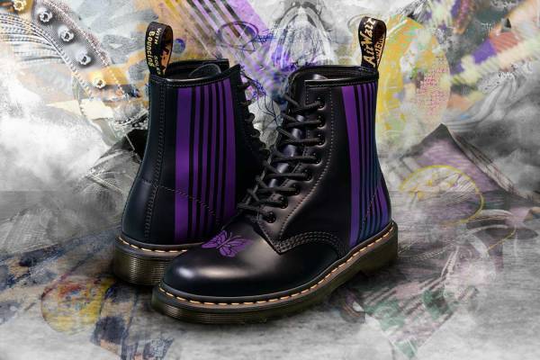 ドクターマーチン×ニードルズ「1460」8ホールブーツ、パープルの“蝶”モチーフ＆ストライプ