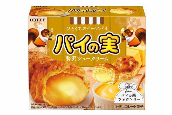 ロッテ「パイの実＜贅沢シュークリーム＞」“さくさく”パイ生地×バニラ香るカスタード風味チョコ