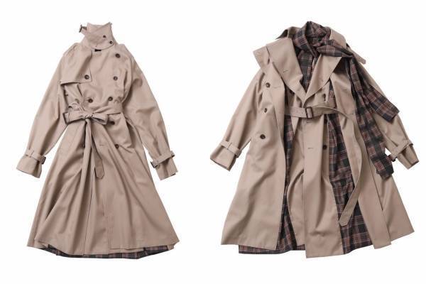 ビューティフルピープルの3WAYトレンチコート、チェックワンピースのレイヤード風デザイン