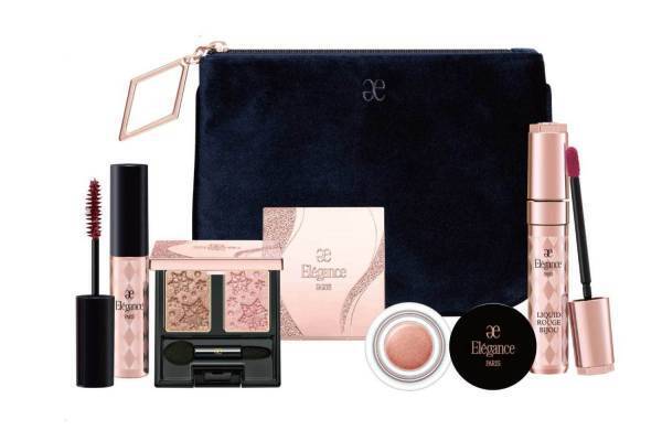 エレガンス2020年クリスマスコフレ、雪の結晶が刻印された2色アイカラー＆赤みブラウンマスカラ