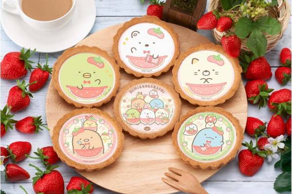 「すみっコぐらしタルト」がいちご風味に、いちごのエプロンを付けたすみっコたちがモチーフ