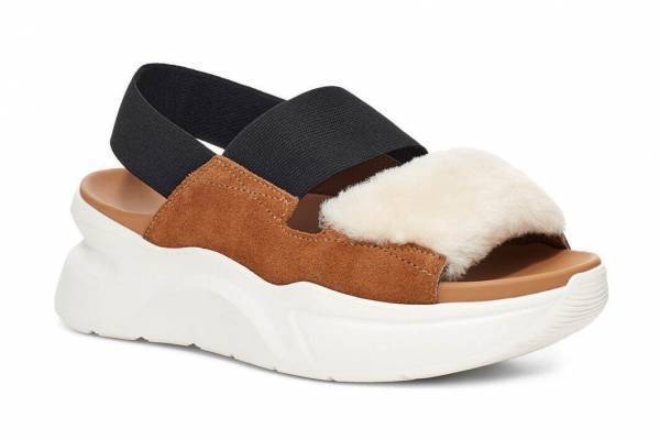 UGGの新作サンダル、ふわふわファーやロゴ入りベルトを配した厚底サンダルなど