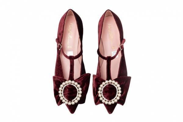 プリティ・バレリーナ21年秋冬新作、輝く大粒パール&ビッグリボン付きバレエシューズ