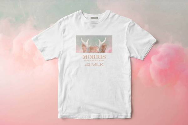 ミルク×“ツノがはえた猫”キャラ「モリス」コラボTシャツ、ミルキーピンクのツノネックレスも