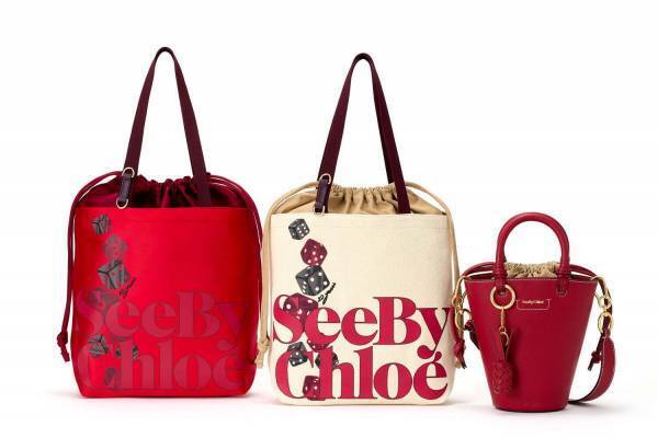 シーバイクロエ"転がるダイス"モチーフの復刻柄Tシャツ、サテン素材トートバッグも