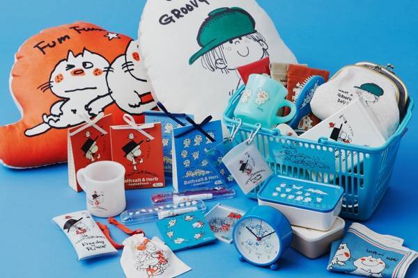 ニコアンド×水森亜土のレトロなコラボ雑貨、“猫や女の子”イラスト描いたクッション&マグなど