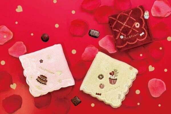 ジルスチュアート&quot;カップケーキやドーナツ&quot;刺繍の「バレンタイン」タオルハンカチーフ