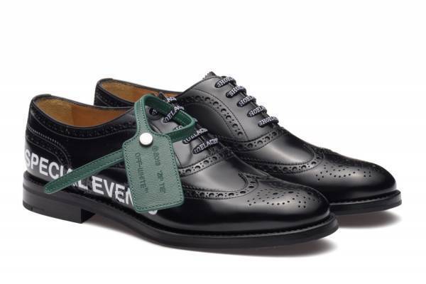 チャーチ×オフ-ホワイトのコラボシューズ「バーウッド」艶やかなブラックレザーに“引用符”ロゴ