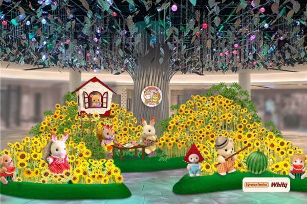 「シルバニアファミリー」のひまわり畑が大阪・地下街ホワイティうめだに、生花1万6000本使用