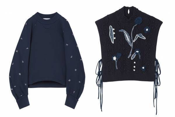 マメ クロゴウチ“スパンコールの小花”模様のネイビートップス＆スカート、伊勢丹新宿店限定で