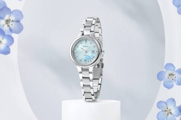 カシオ“ネモフィラ”着想ウィメンズ腕時計、花咲く淡いブルーダイヤル＆クリスタルインデックス