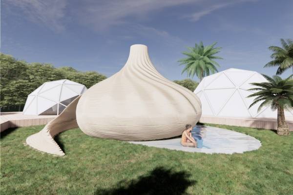 “巻貝”のような新サウナ施設「サザエ」瀬戸内海・直島のグランピング施設サナマネ内に