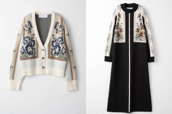 ミューラル、花々をジャカードで表現したニットカーディガン＆ドレス - 多彩な編み地で立体的な表情に