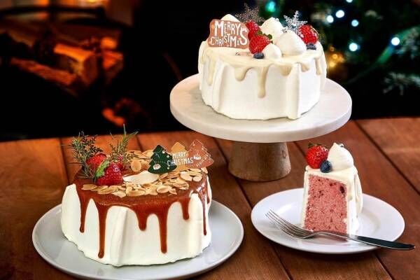 「マーサー ビス」のクリスマス限定シフォンケーキ、生キャラメル＆ホワイトラズベリーの2種