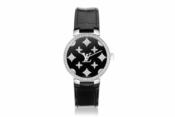 ルイ・ヴィトンの腕時計「タンブール スリム」新作、モノグラム・フラワーが煌めくブラックの文字盤
