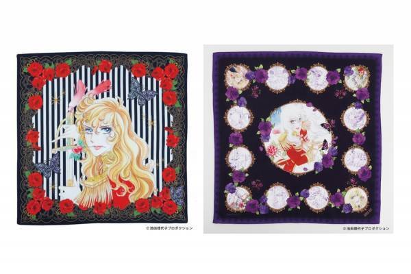 アナ スイ『ベルサイユのばら』コラボハンカチ、“薔薇”モチーフに囲まれたオスカルやアンドレ柄など