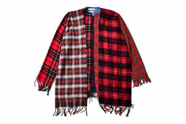 オールドパーク×マインデニムのカーディガン、ヴィンテージのチェック型マフラーのみで製作