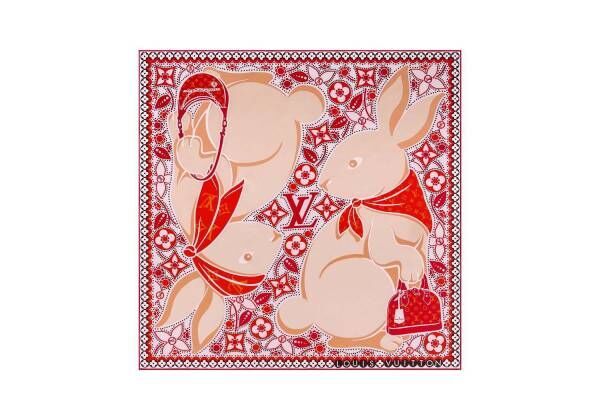 ルイ・ヴィトン23年干支「うさぎ」を描いたスカーフ、真っ赤なマフラー＆ビーニーも