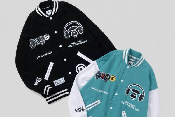 エーエイプ×9090、ヘッドフォンをした”ムーンフェイス”入りジャケット&スウェット