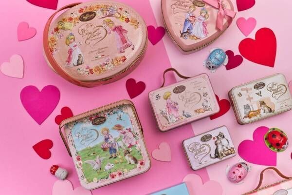 カファレルのバレンタインチョコ2023“ネコ＆女の子”を描いたトランク缶やリボン付ハート缶