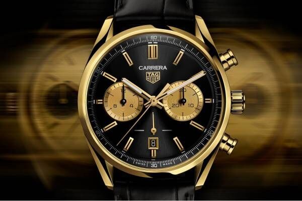 タグ・ホイヤーの腕時計「カレラ クロノグラフ」新作、レーシングカー着想“ブラック×ゴールド”ダイヤル