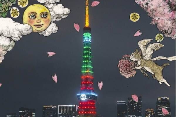 グッチ「東京タワー」をグリーン・レッド・桜色でライトアップ、ヒグチユウコによるARフォトフレームも