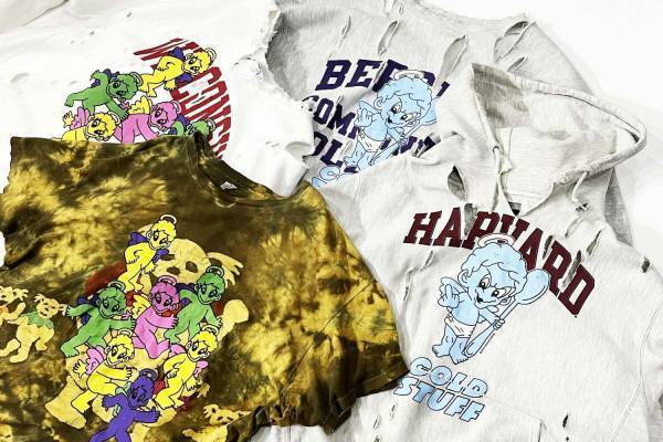 ダイエットブッチャー×古着屋「ノイル」の1点物ダメージスウェット、“天使”のイラストを配して