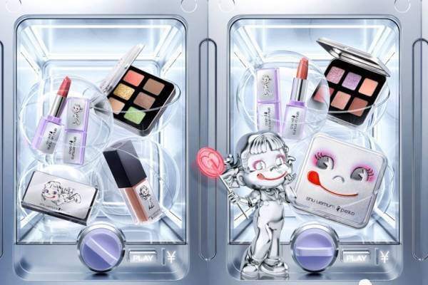 シュウ ウエムラ「ペコちゃん」のコラボコスメ、“ミルキーの包み紙”着想カラーのアイパレットなど