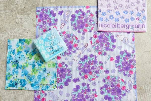 ニコライ バーグマンの“紫陽花”がハンカチに、みずみずしい紫やブルーの花びら柄＆タオル生地も