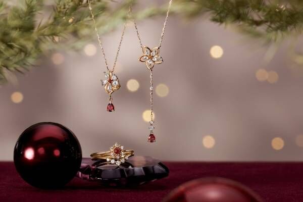 オデュース 4℃の23年クリスマスジュエリー、ガーネットで表現“ポインセチア”のネックレスなど