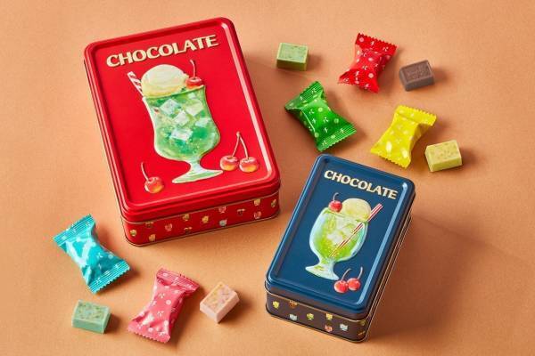 メリーチョコレート“レトロ喫茶”デザインのチョコ缶、はじけるクリームソーダ味など