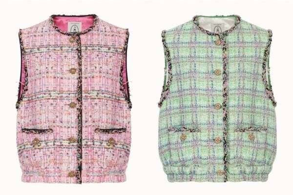 ルール ロジェット23年春夏ツイードジャケット、華やかグリーン＆ピンクのオリジナル素材で