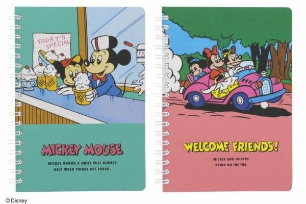 「ディズニー レトロフレンズ」文具＆雑貨、アイスクリーム屋で働く“ミッキー＆ミニー”のノートやポーチ