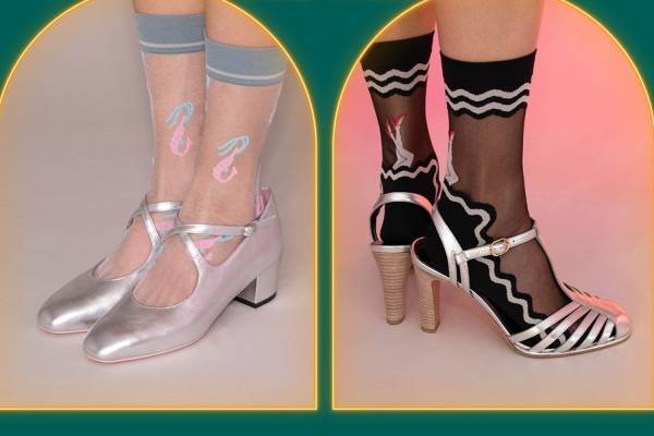 キワンダ24年春夏レッグウェア、海を泳ぐエビがきらめくラメソックス＆チェリーやカクテル柄の靴下も