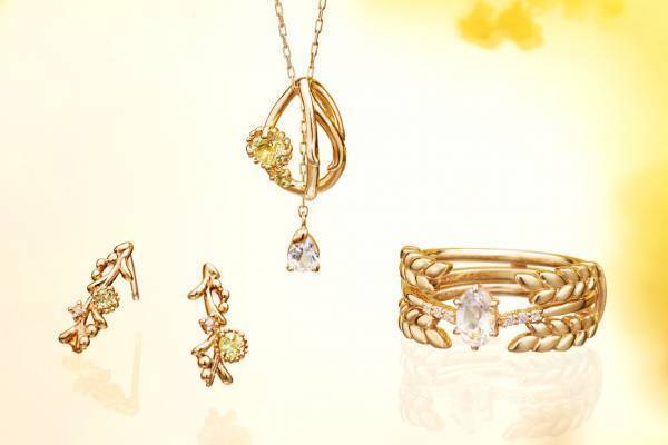 4℃の春ジュエリー、ミモザを表現したレモンクォーツのネックレス＆ライラックの花びら着想ピアスなど
