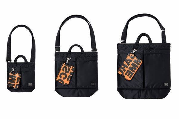 コム デ ギャルソン×ポーター「タンカー」ヘルメットバッグ、大胆なロゴデザイン＆限定ポーチ付きで