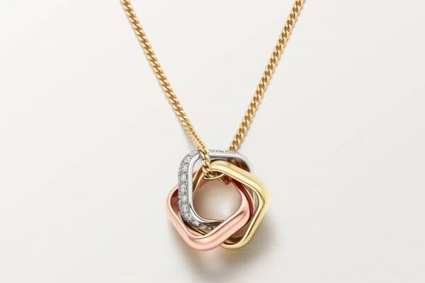 カルティエ「トリニティ」クッション型リングを連ねたネックレス、3色のゴールドとダイヤモンド