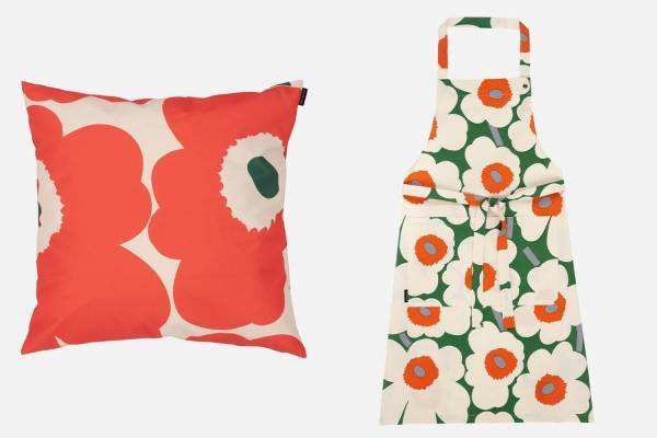 マリメッコ「ウニッコ」リーフグリーン×コーラルレッドの新作、定番エプロンやクッションをサマームードで