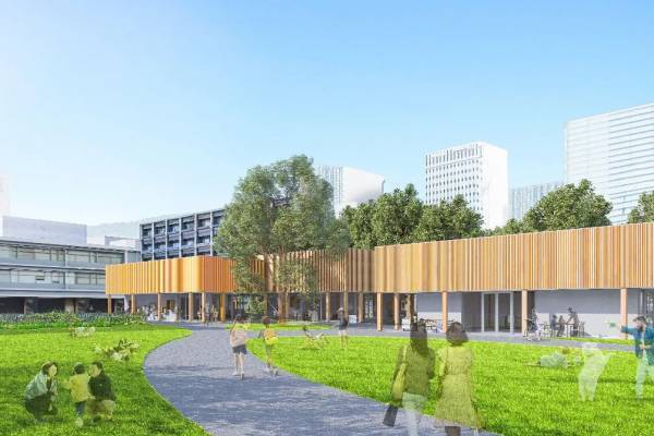 広島県庁舎敷地内に新商業施設が2025年春開業、飲食・物販店など平屋2棟＆緑豊かな芝生広場も