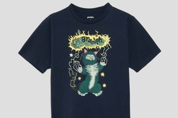 グラニフ×石黒亜矢子“化け猫”プリントのTシャツやワンピース、“黒猫の顔”描いた巾着バッグも