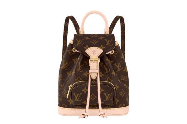 ルイ・ヴィトンのバックパック「モンスリ」淡いピンクのレザーストラップ×モノグラム・キャンバス