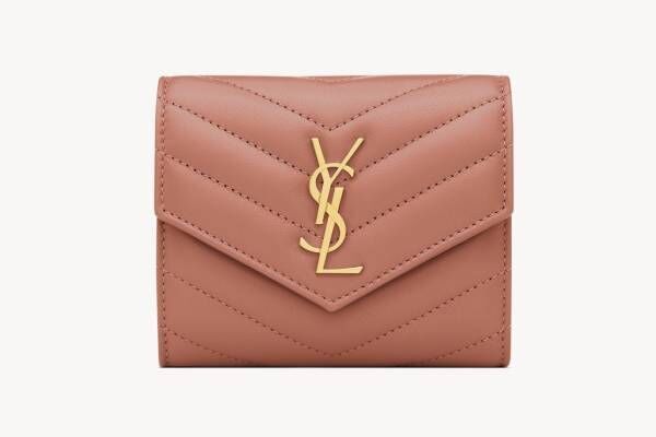 美品 サンローラン 長財布 YSL つぶせる ゴールドロゴ ピンク レザー